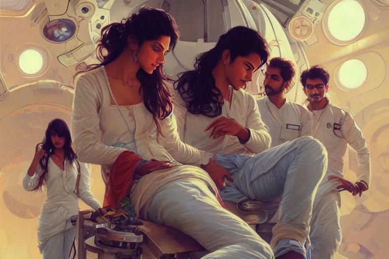 Image similar to Sensual good looking pale young Indian doctors wearing jeans partying in a space station above Earth performing surgery, portrait, elegant, intricate, digital painting, artstation, concept art, smooth, sharp focus, illustration, art by artgerm and greg rutkowski and alphonse mucha