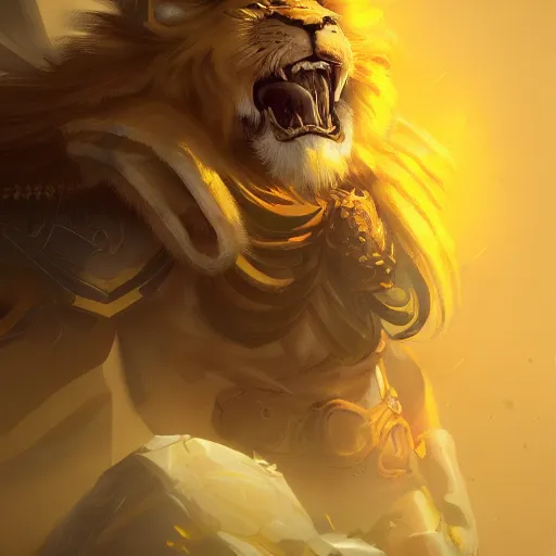 Prompt: a lion warrior, yellow theme, bright art masterpiece artstation. 8 k, sharp high quality artwork in style of jose daniel cabrera pena and greg rutkowski, concept art by tooth wu, blizzard warcraft artwork, hearthstone card game artwork, lion - head warrior