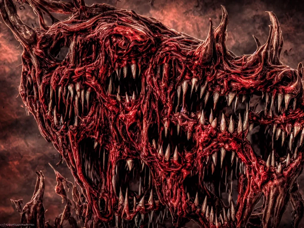 Image similar to twisted demonic creatures screaming, sun dripping blood, horror, grotesque, monstrosity, accursed, insanity, nightmare, High Definition detail, 8K