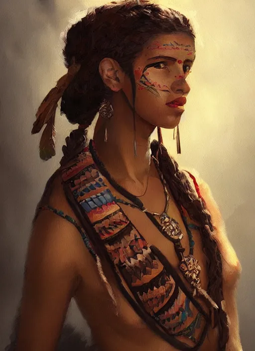 Prompt: A painting of a very beautiful tribal woman trending on artstation in the style of Greg Rutkowski, in style of Charles Sillem Lidderdale