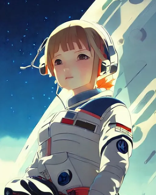 Image similar to ilya kuvshinov anime illustration of young astronaut girl, last exile, murata range, fine detail, perfect anime face, dramatic lighting, dynamic composition, art deco, cel shading, vivid, rich texture, yoshinari yoh, alphonse mucha, ( ( ( colorful ) ) )