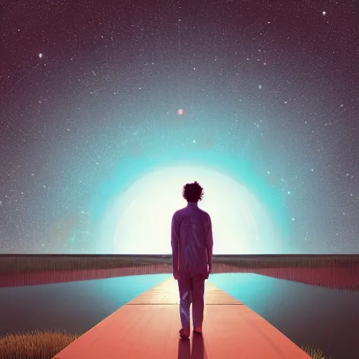 Image similar to a man walking on water under the stars by takashi murakami, beeple and james jean, aya takano color style, 4 k, super detailed