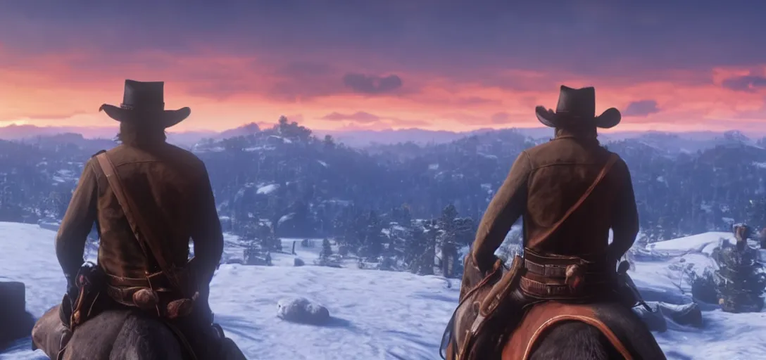 Prompt: Arthur Morgan from Red Dead Redemption 2 sitting at the top of a mountain looking at a beautiful sunrise in the distance