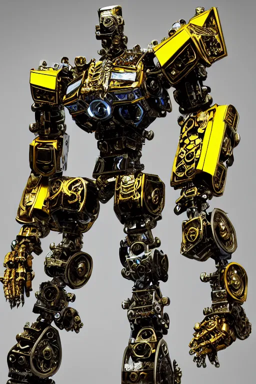 Image similar to a intricate ornate boxing humanoid mecha, punk, by war robots, real steel ( 2 0 1 1 ), westworld and pacific rim movie and ps 5 game machine warrior 5, cryengine, frostbite 3 engine, blue and yellow scheme, sharp focus, 8 k, high definition, insanely detailed, soft lighting, smooth face