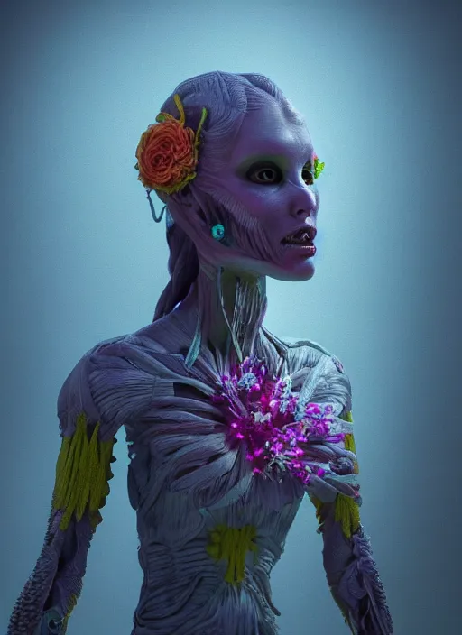 Image similar to alien woman, clothes made out of flower, rgb, cables everywhere, bedroom, ultra realistic, concept art, intricate details, highly detailed, photorealistic, octane render, 8 k