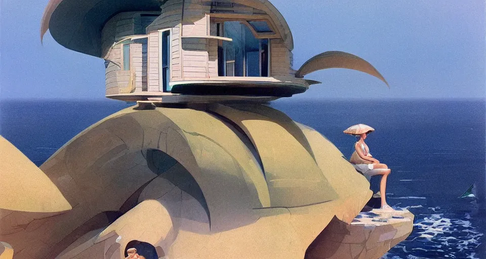 Image similar to tiny seashell house where a hermit girl lives, atmospheric cinematography by syd mead