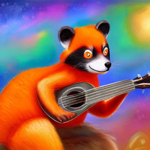 Image similar to cute fluffy Ailurus fulgens playing a ukulele, fully detailed, high quality , 4k , digital art, digital painting, soft light , masterpiece