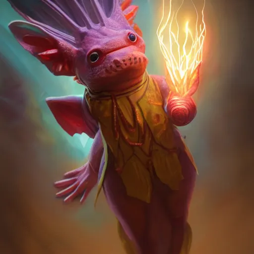 Image similar to Anthropomorphized Axolotl magician casting bright magic light spell, magic the gathering artwork, D&D, fantasy, cinematic lighting, centered, highly detailed, digital painting, artstation, concept art, smooth, sharp focus, illustration, volumetric lighting, 8k, art by Akihiko Yoshida and Greg Rutkowski