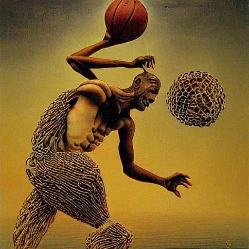 Image similar to corn man playing basketball, by zdzislaw beksinski and ernst haeckel