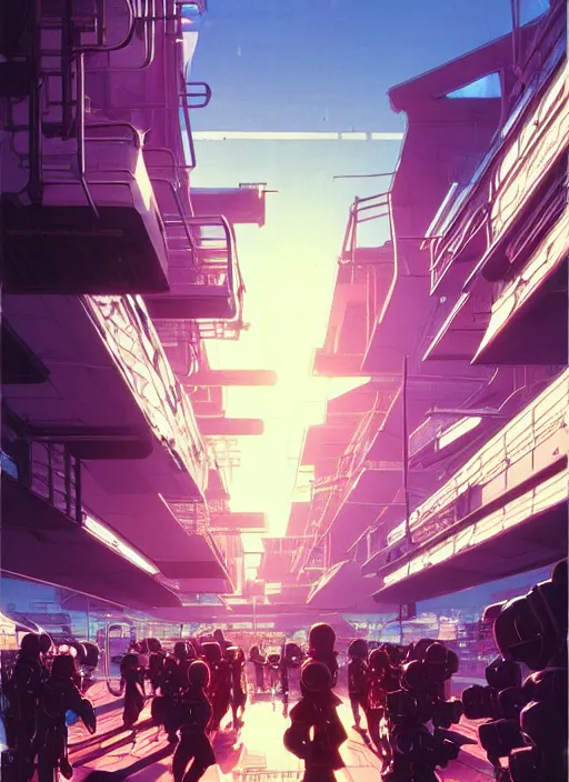 Image similar to photo of cyberpunk school, scifi, bright light, busy street, high school!!!!, morning sun, interesting angle, 8 k high definition, insanely detailed, art by syd mead and masamune shirow