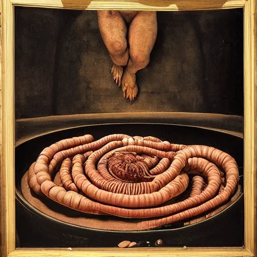 Image similar to by grant wood, by valentin de boulogne midday, dramatic lighting ultradetailed, insane. a installation art of the human intestine in all its glory. each section of the intestine is labelled, & various items & creatures can be seen inside, such as bacteria, food particles, & even a little mouse.