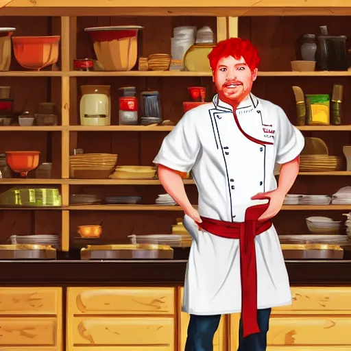 Prompt: red headed man wearing a white chef\'s apron, full body, no beard, dungeons and dragons character art, trending on artstation