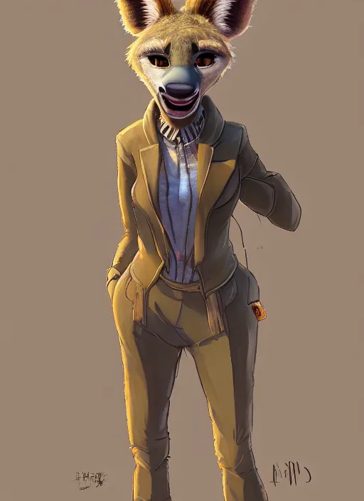 Image similar to oil painting detailed full body of anthromorphic female hyena, in style of zootopia, zootopia, zootopia, fursona, furry, furaffinity, 4 k, deviantart, furry art, fursona art, wearing business suit, in style of zootopia, hyena fursona, cyberpunk, female, expressive, detailed feminine face,