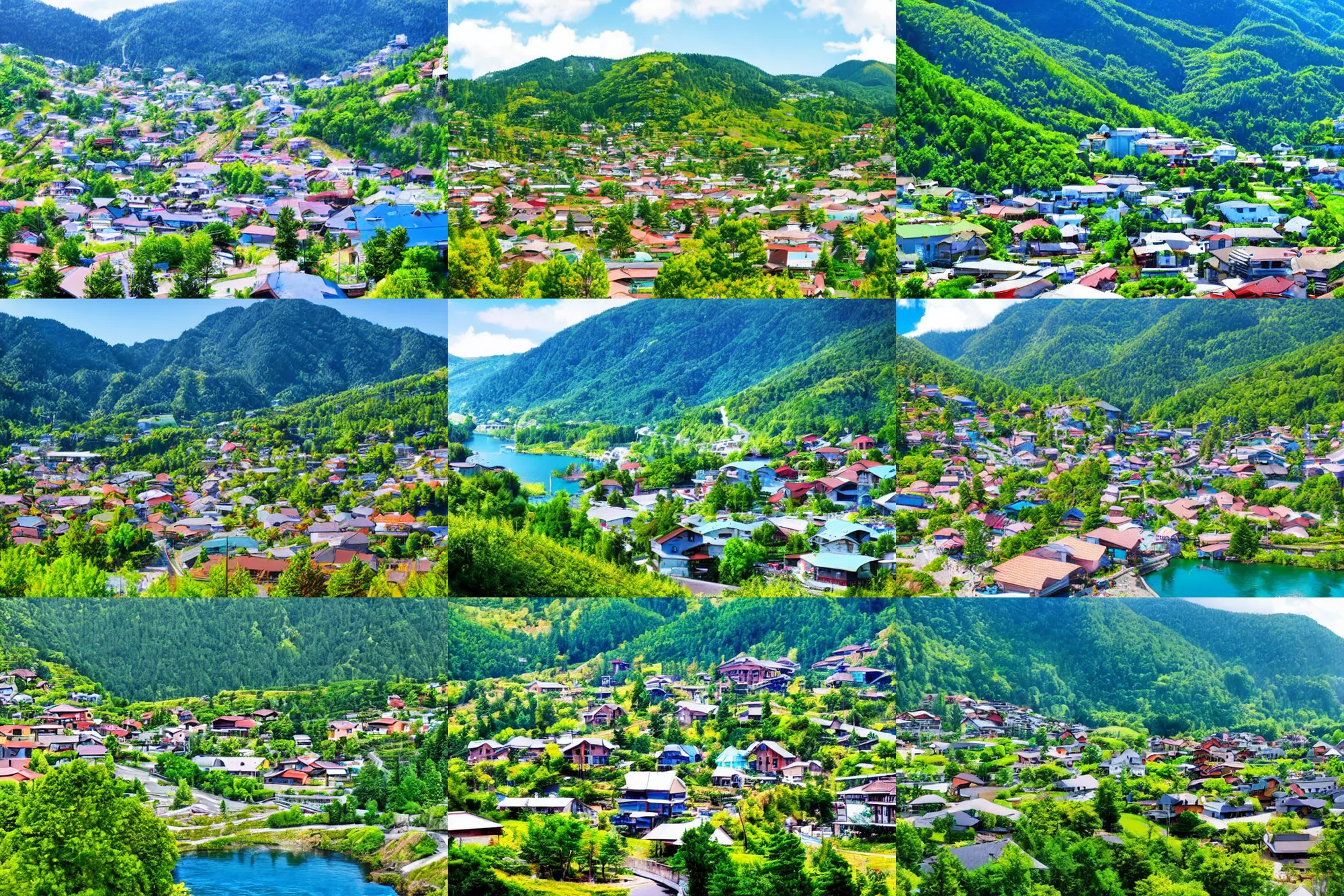 Prompt: anime! small town in mountain landscape, cute warm modern architecture, lush green, blue water, sunny