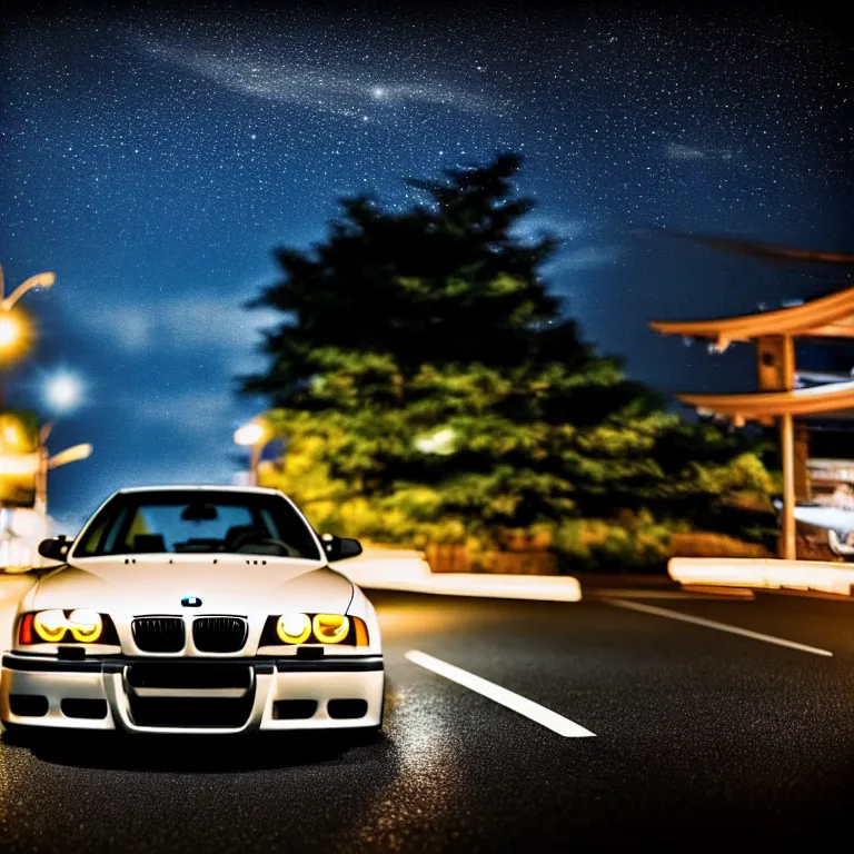 Prompt: close-up-photo BMW E36 middle of street, Saitama prefecture, stars, night, cinematic color, photorealistic, highly detailed,