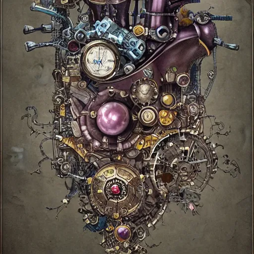 Image similar to a full page concept designs of a robotic heart device powered by magic gems, steampunk blueprint, intricate details, ink on paper, scientific, Highly detailed labeled, poster, peter mohrbacher,