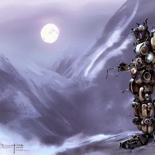 Image similar to portrait concept painting of a rampaging ashigaru mecha construct, on an icy mountaintop, moonlight, of bamboo, laquer and steel, steampunk - inspired by brian froud and greg rutkowski and jessica rossier