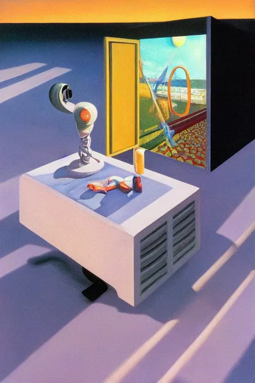 Prompt: liminal vaporwave robot surrealism dreams, painted by Edward Hopper, painted by salvador dali, painted by moebius, airbrush
