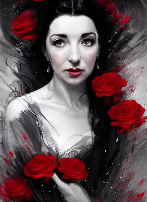 Prompt: portrait of kate bush against a dark background, lush black hair, pale skin, white and red roses, flowing material, intricate, beautiful cinematic lighting, stunning painting by artgerm, caravaggio, android jones, wadim kashin