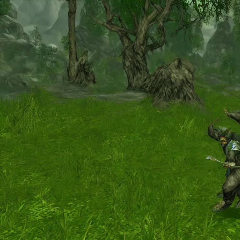 Prompt: a funky wizard dancing in a green glade, skyrim pc screenshot