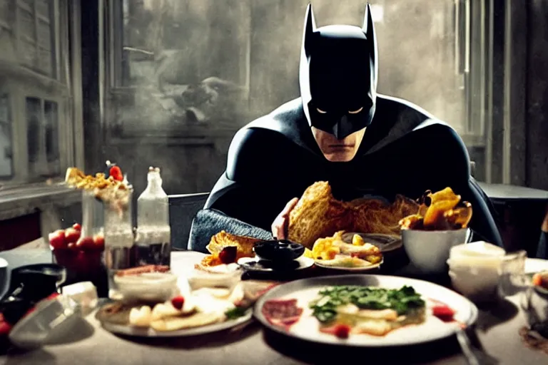 Prompt: portrait of Batman eating breakfast By Emmanuel Lubezki