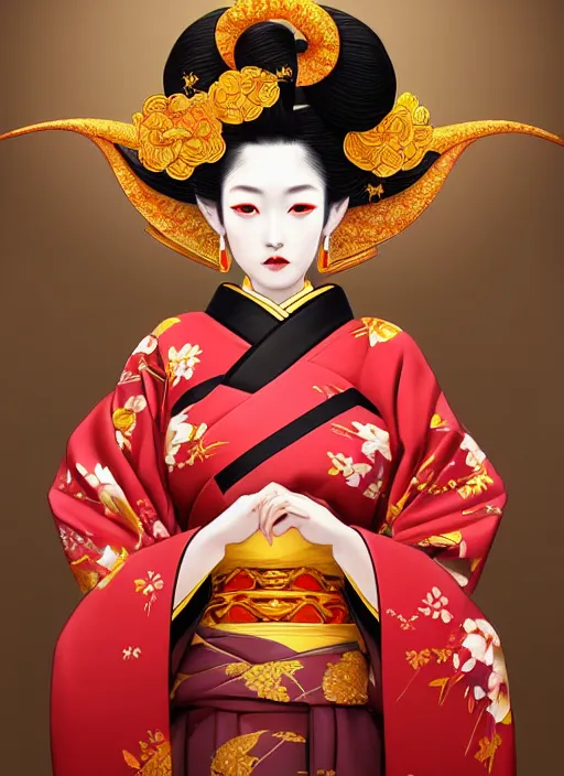 Image similar to dreamlike luxury stunning oiran portrait, red and gold kimono, art by artgerm, wlop, loish, ilya kuvshinov, 8 k realistic, hyperdetailed, beautiful lighting, detailed background, depth of field, symmetrical face, frostbite 3 engine, cryengine,