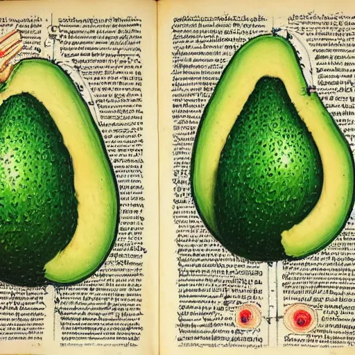 Prompt: a page from codex seraphinianus about a diagram of merging of emma watson with avocado