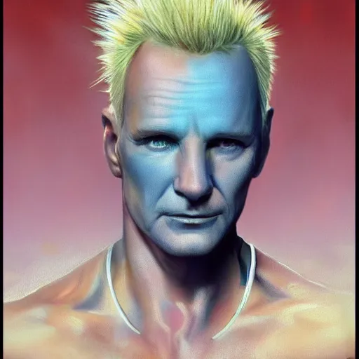 Image similar to very beautiful pastel art of Sting from The Police, full body, spiky blonde hair, blue eyes, full round face, handsome jaw, hairy arms, serene beach setting, cinematic lightning, arms facing the viewer, medium shot, mid-shot, highly detailed, trending on artstation, Unreal Engine 4k, cinematic wallpaper by Stanley Artgerm Lau, WLOP, Rossdraws, James Jean, Andrei Riabovitchev, Marc Simonetti, and Sakimichan-C 9.0