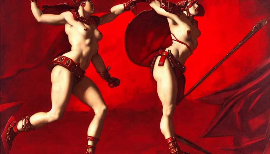 Image similar to only with red, an armored female gladiator in a crowded roman amphitheatre, crowd cheering, in the style of rolf armstrong and ambrosius benson and edward hopper and and rodcenko, intricate and epic composition, red by caravaggio, highly detailed, masterpiece, red light, artstation