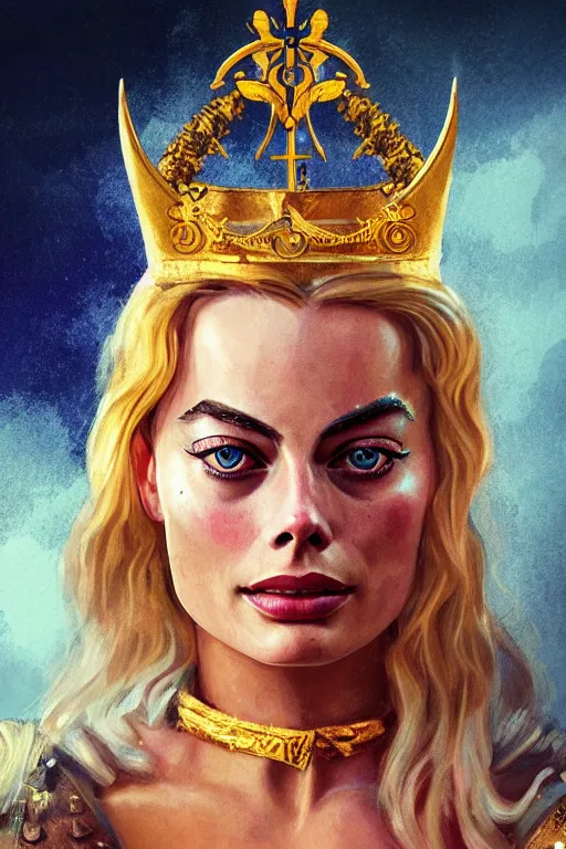 Image similar to Portrait of margot Robbie as a pirate queen with golden crown, elegant, photorealistic, highly detailed, artstation, smooth, sharp focus, gold ornaments, neon lighting, sci-fi, art by Klimt