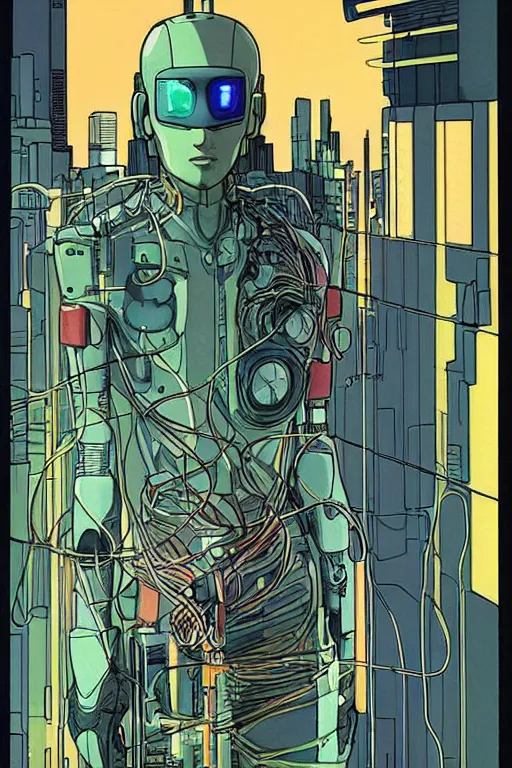 Prompt: a comic illustration of an android connected to a computer console by wires, the console is tall and imposing, there are many cables on the floor, futuristic, ghost in the shell, cyberpunk, neon colors, art by Moebius