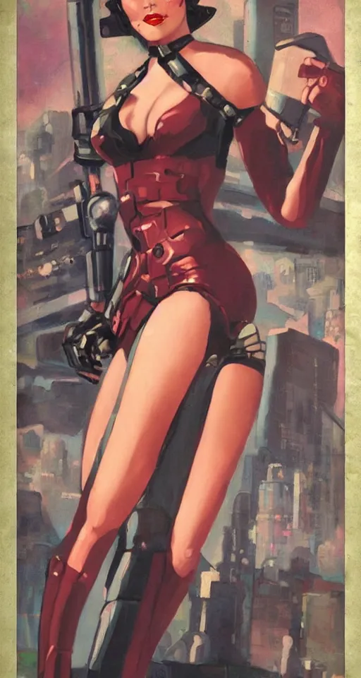 Prompt: cyberpunk woman in the style of a 1 9 4 0 s oil painted pin - up