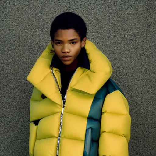 Image similar to realistic photoshooting for a new issey miyake lookbook, color film photography, portrait of a beautiful woman, model is wearing a asymetrical puffer jacket, photo in style of tyler mitchell, 3 5 mm,