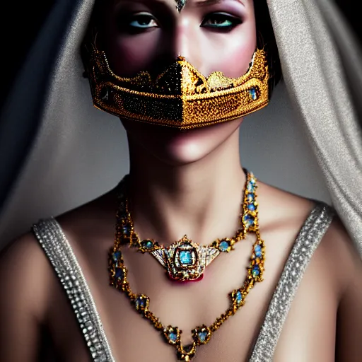 Image similar to a princess with lots of jewelry and an Ultra Lux mask, full body, , photos by Annie Leibovitz, moody, models by 500px, dramatic cinematic lighting rendered by octane, 8k, detailed, intricate, clean and textures, trending on artstation, deviantart google images, pinterest