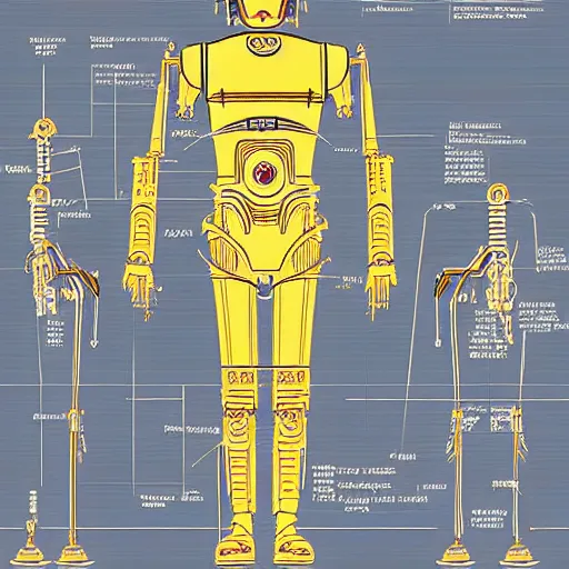 Prompt: technical blueprint of C3PO, Digital art