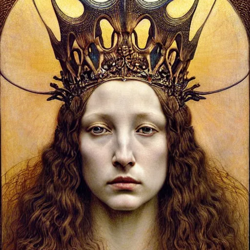 Image similar to detailed realistic beautiful young medieval queen face portrait by jean delville, iris van herpen and marco mazzoni, art forms of nature by ernst haeckel, art nouveau, symbolist, visionary, gothic, pre - raphaelite