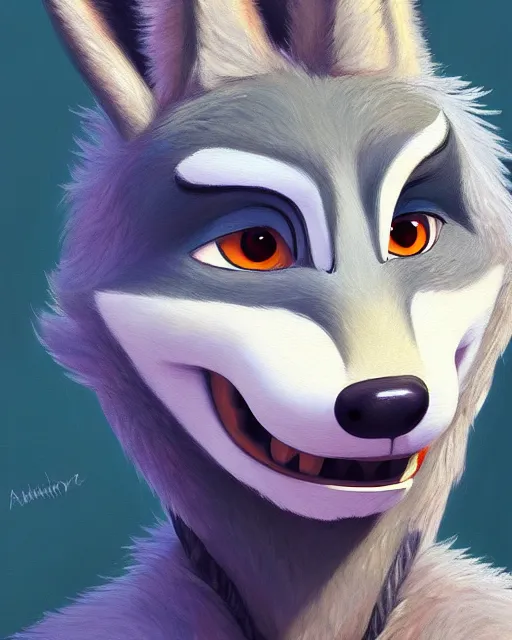 Image similar to oil painting of anthromorphic female wolf, in style of zootopia, female fursona, furry, furaffinity, 4 k, deviantart, furry art, fursona art, wearing black business suit, business suit, wolf fursona, female, very expressive detailed feminine face,