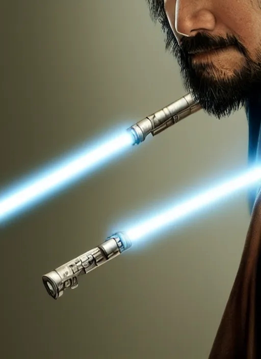 Image similar to close - up of a jedi holding a lightsaber, keanu reeves, greg rutkowski, 8 k, shallow depth of field, intricate detail, concept art,