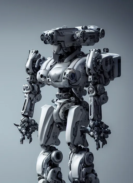 Prompt: a Photorealistic dramatic hyperrealistic full frame render of a futuristic exosuit warrior Mech,Ultra realistic details,glossy white metal,weathered surfaces,by Hidetaka Tenjin,Yoh Yoshinori,Yoji Shinkawa,Masamune Shirow,Beautiful dramatic dark moody tones and lighting,cinematic atmosphere,studio lighting,shadows,dark background, Octane render,8K