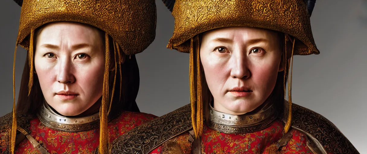 Image similar to hyperrealist highly detailed english medieval portrait of a woman wearing traditional mongolian armor, concept art pascal blanche dramatic studio lighting 8k wide angle shallow depth of field