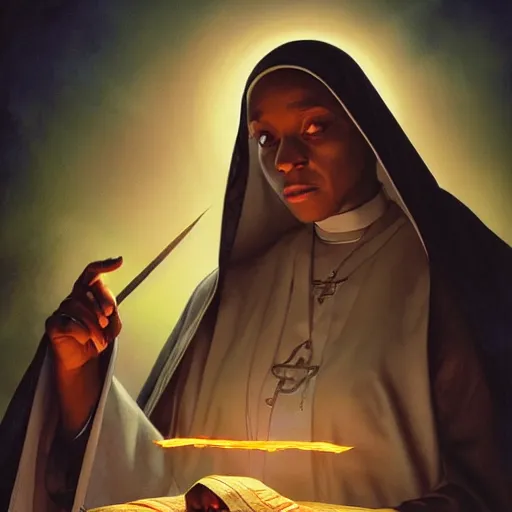 Image similar to highly detailed vfx portrait of dark - skinned nun casting spell on the pope, stephen bliss, greg rutkowski, loish, rhads, beeple, makoto shinkai, tom bagshaw, alphonse mucha, sharp focus, art by artgerm and greg rutkowski, stanley kubrick, backlit, harsh overhead sunlight,