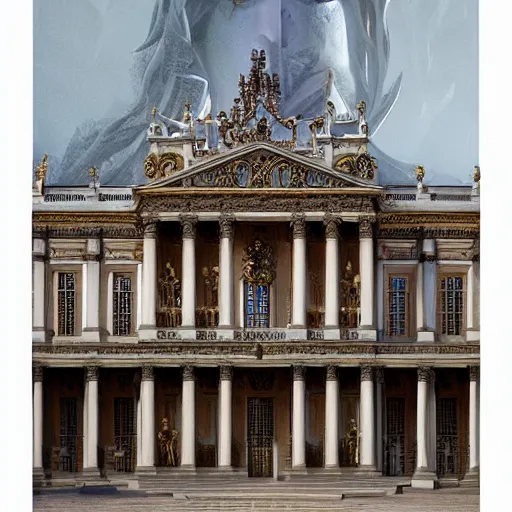 Image similar to High Baroque architecture style basillica building sorcerer statue portrait building, by Charlie Bowater and peter mohrbacher and dan mumford, architectural render vray, palace of versailles