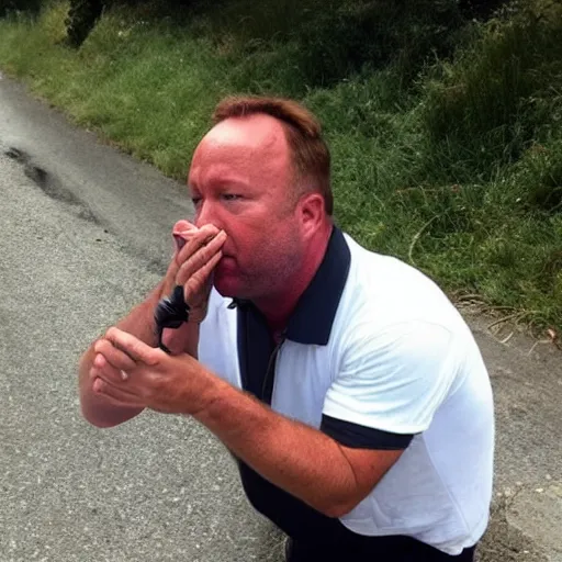 Image similar to alex jones begging for money on the side of the road, award winning press photo