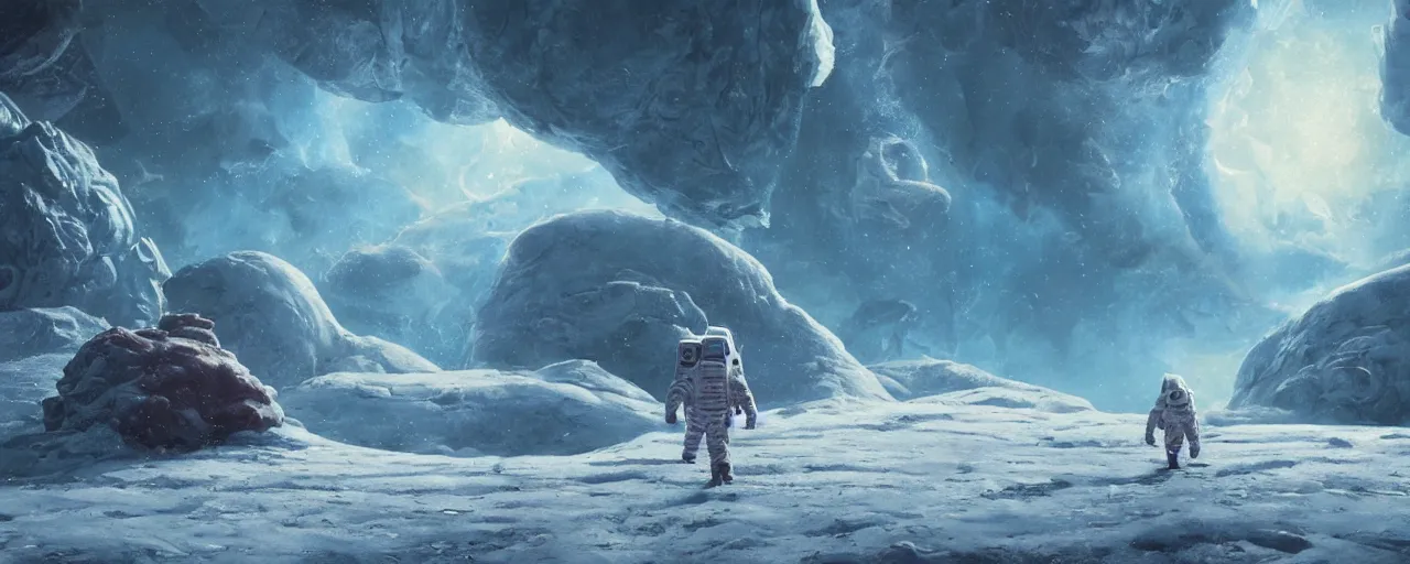 Image similar to lone astronaut exploring outer planet covered with ice, art by paul lehr, cinematic, detailed, epic, widescreen, opening, establishing, matte painting, photorealistic, realistic textures, octane render