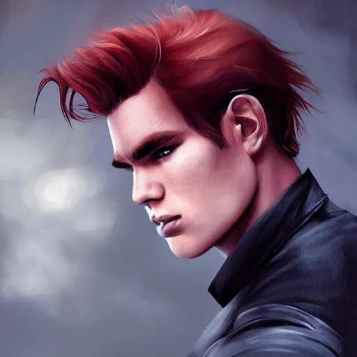 Image similar to < KJ Apa handsome-redhead-male-model with short-fade-haircut, natural, detailed portrait, photorealistic digital painting in the style of Charlie-Bowater, dramatic lighting shadows,