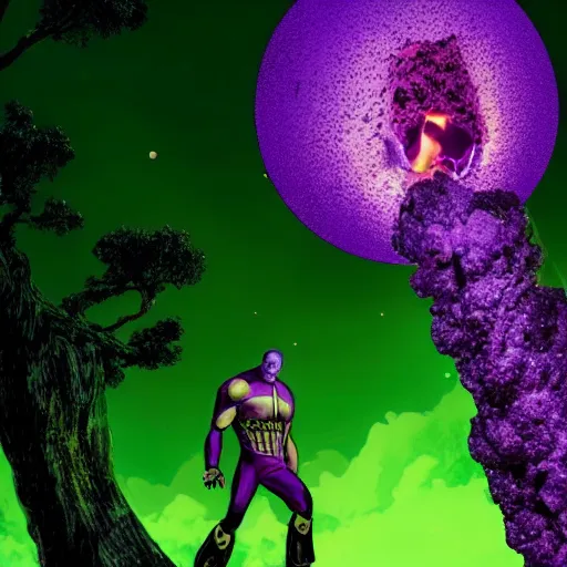 Image similar to thanos eating psilocybin mushrooms on the top of a tree glowing in florescent colors