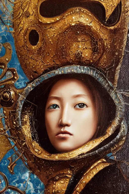 Image similar to hyperrealism oil painting, close - up portrait of face hiding in stingray medieval fashion model, knight, steel gradient mixed with nebula sky, in style of baroque mixed with 7 0 s japan book art