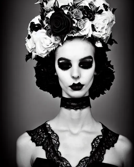 Prompt: dreamy surreal poetic black and white photo of a beautiful young female-cyborg-plant with a very long neck and a super big gothic lace collar and a very high big floral crown with many black dry roses by Vivienne Westwood:: smoke, high fashion, haute couture, rococo, avant-garde, elegant, dreamy, hyper realistic, 150 mm lens, soft rim light, octane render, unreal engine, picture was taken in 1910 by Dora Maar, volumetric lighting, dramatic light,8k,