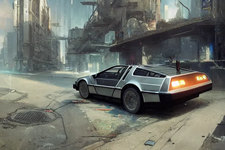 Image similar to photograph of the delorean, with a sleek spoiler, driving down the streets of a cyberpunk abandoned city, by greg rutkowski, by stanley artgerm, by alphonse mucha