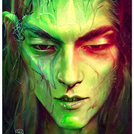 Image similar to a Demon Slayer portrait of Jamie Savile, tall, pale-skinned, slender with lime green eyes and long eyelashes by Stanley Artgerm, Tom Bagshaw, Arthur Adams, Carne Griffiths, trending on Deviant Art, street art, face enhance, chillwave, maximalist, full of color, glittering